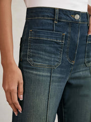 Petite Patch-Pocket Flared Jeans in Mid Blue