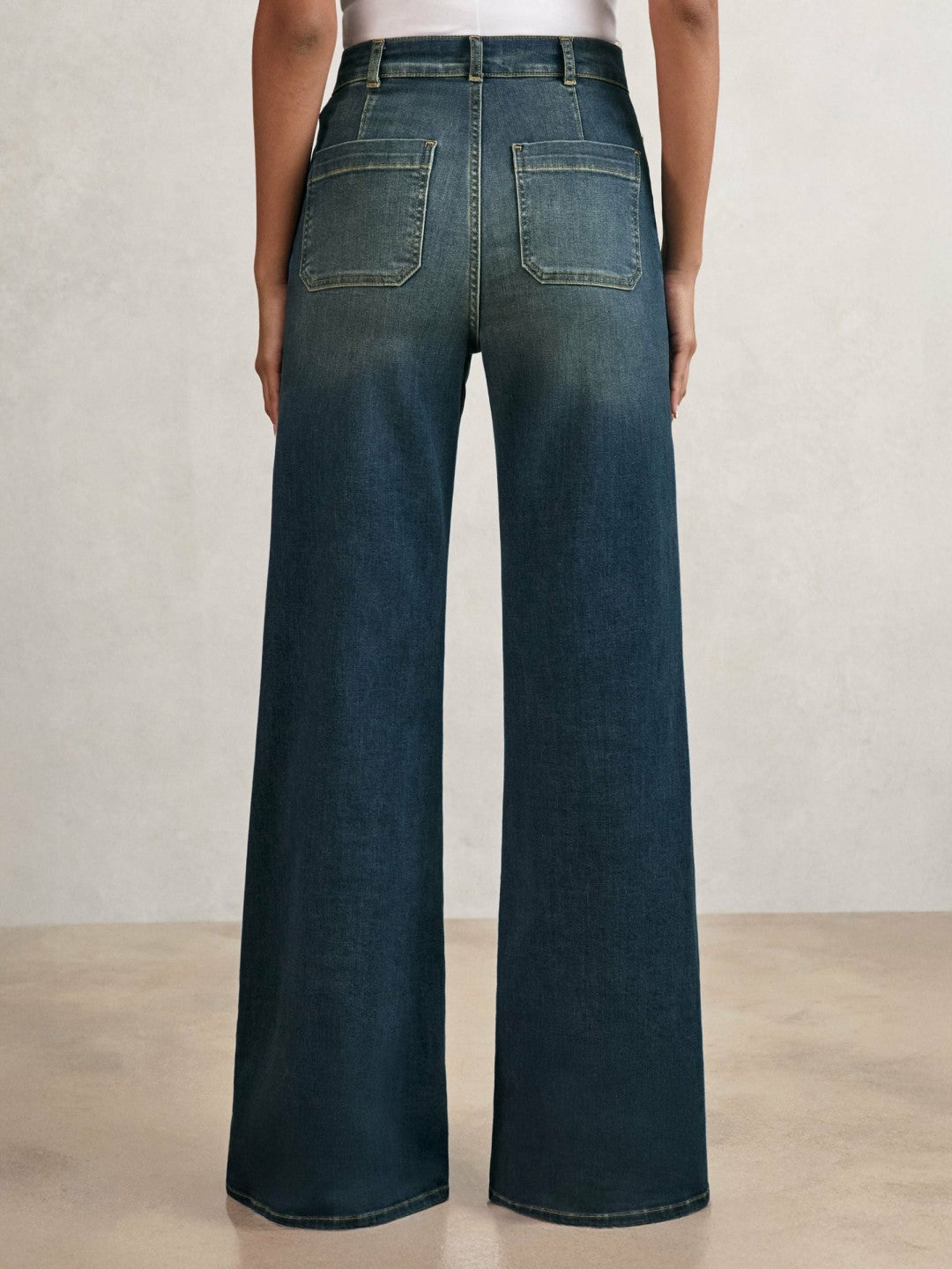 Petite Patch-Pocket Flared Jeans in Mid Blue