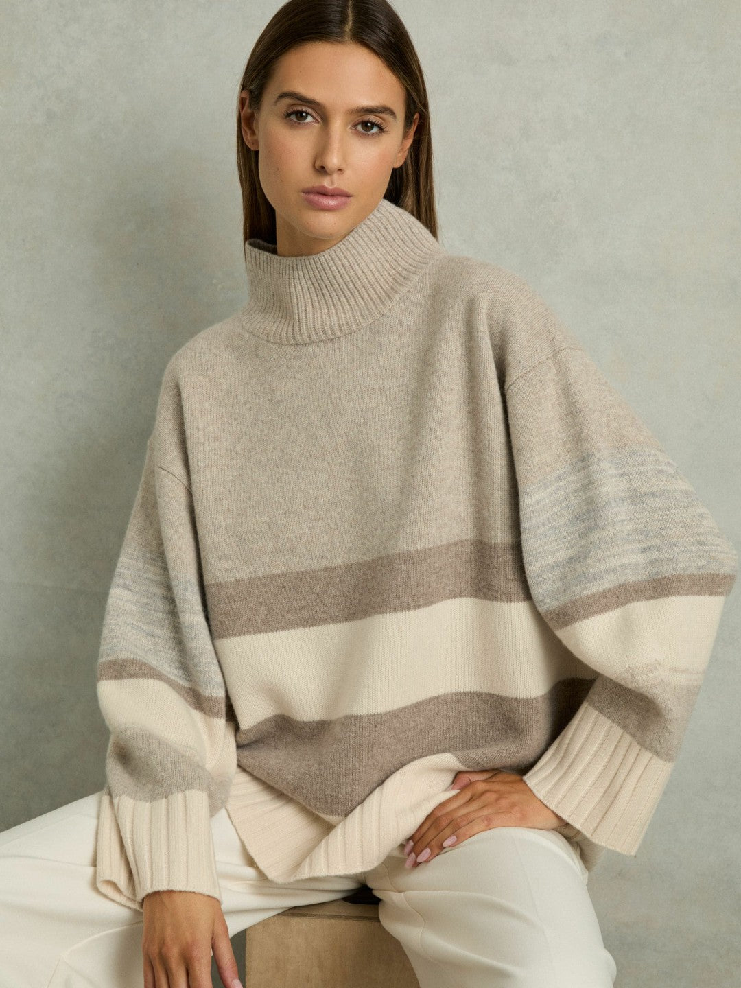 Wool Funnel-Neck Striped Jumper in Neutral