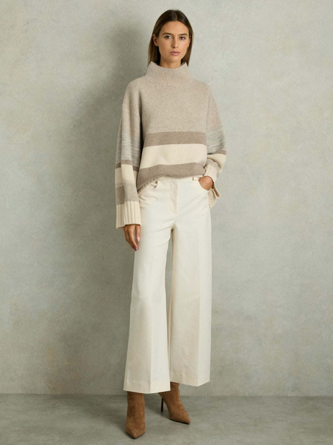 Wool Funnel-Neck Striped Jumper in Neutral
