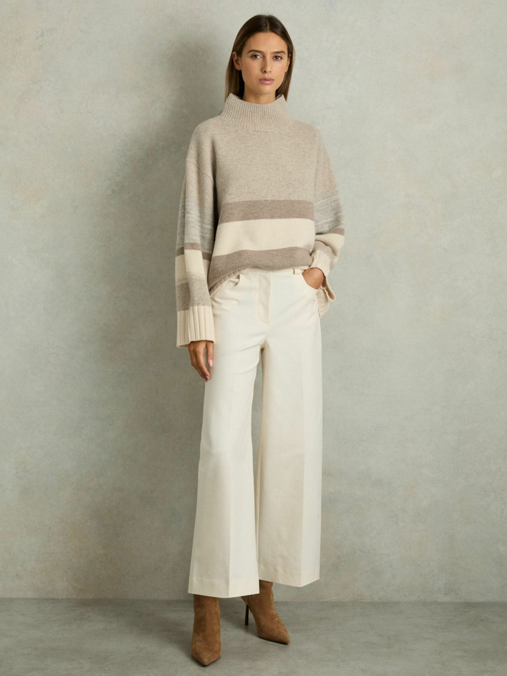 Wool Funnel-Neck Striped Jumper in Neutral