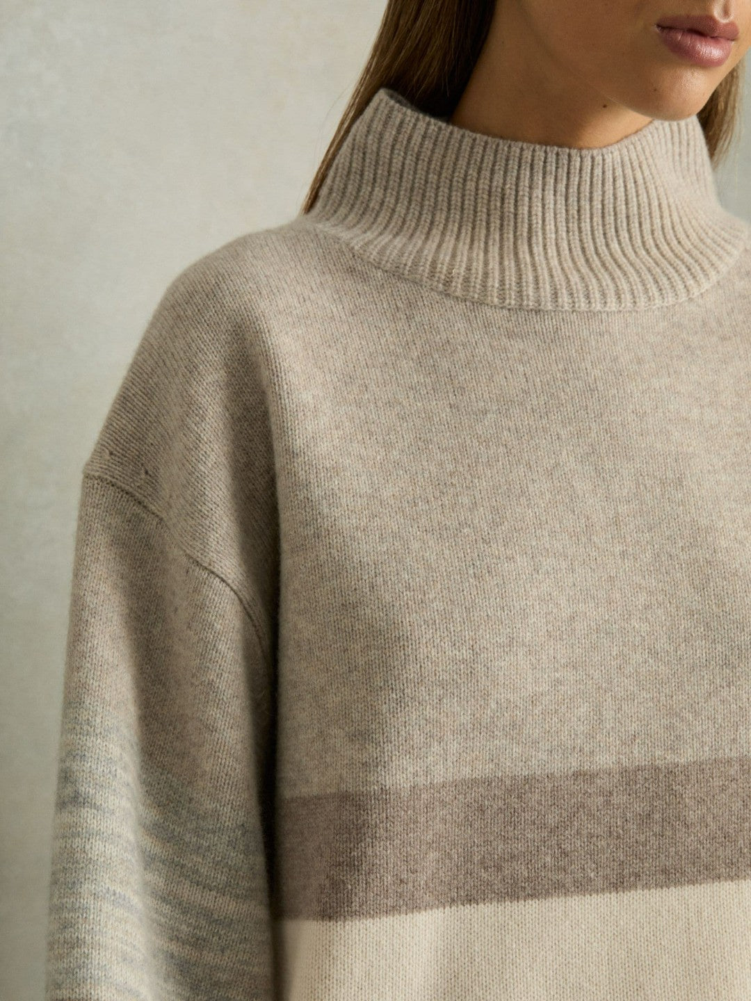 Wool Funnel-Neck Striped Jumper in Neutral