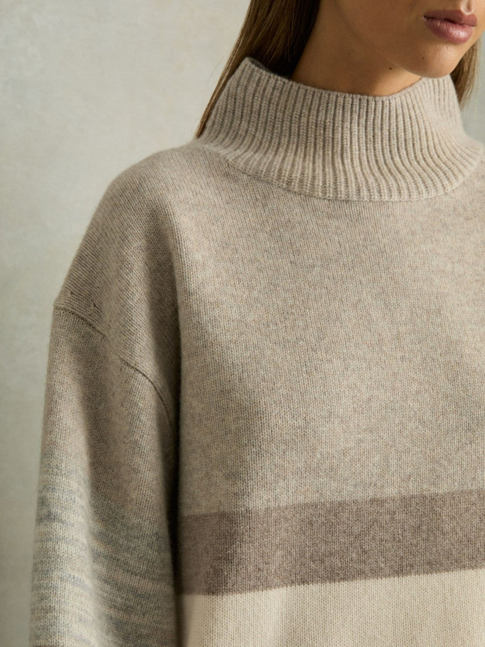 Wool Funnel-Neck Striped Jumper in Neutral