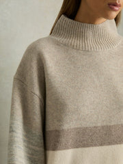 Wool Funnel-Neck Striped Jumper in Neutral