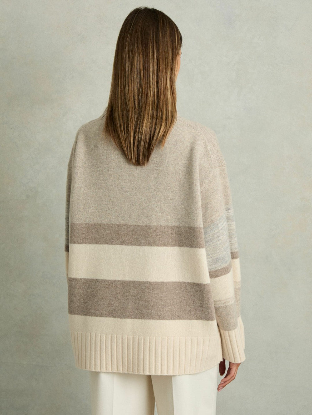 Wool Funnel-Neck Striped Jumper in Neutral