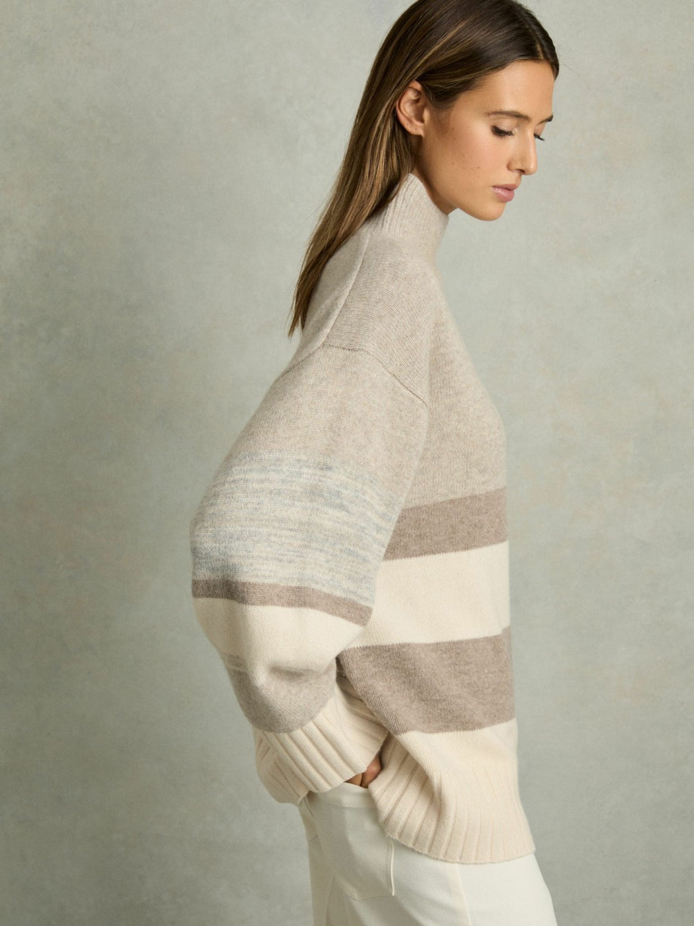 Wool Funnel-Neck Striped Jumper in Neutral