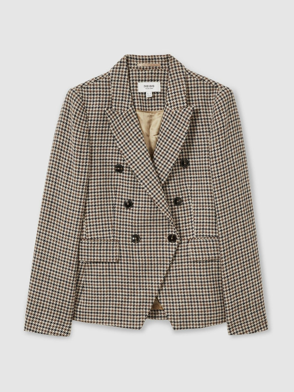 Petite Cotton-Linen Double-Breasted Houndstooth-Check Blazer in Navy Neutral Check