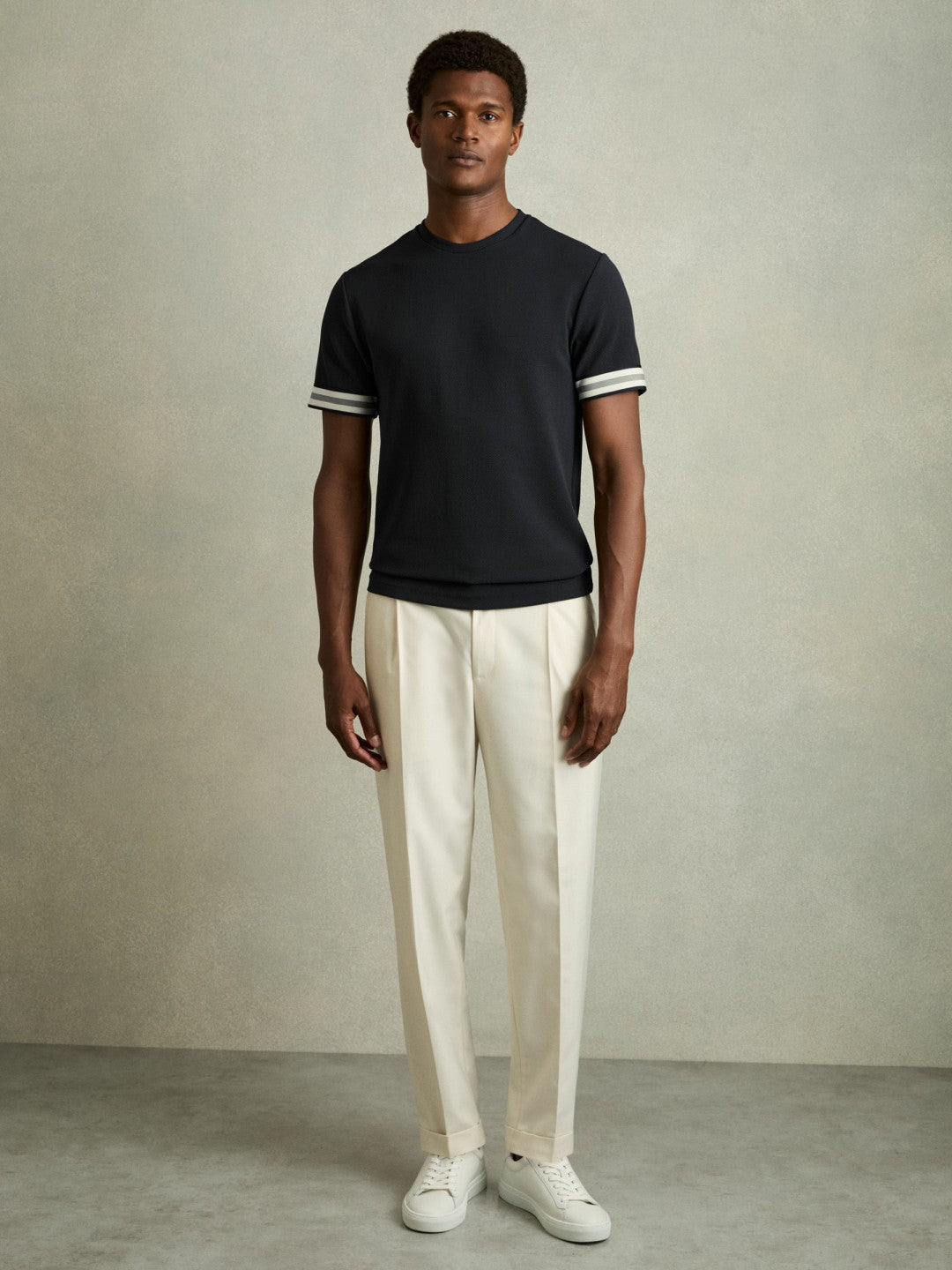 Tape-Cuff Textured T-Shirt in Navy