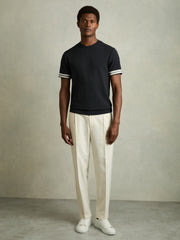 Tape-Cuff Textured T-Shirt in Navy