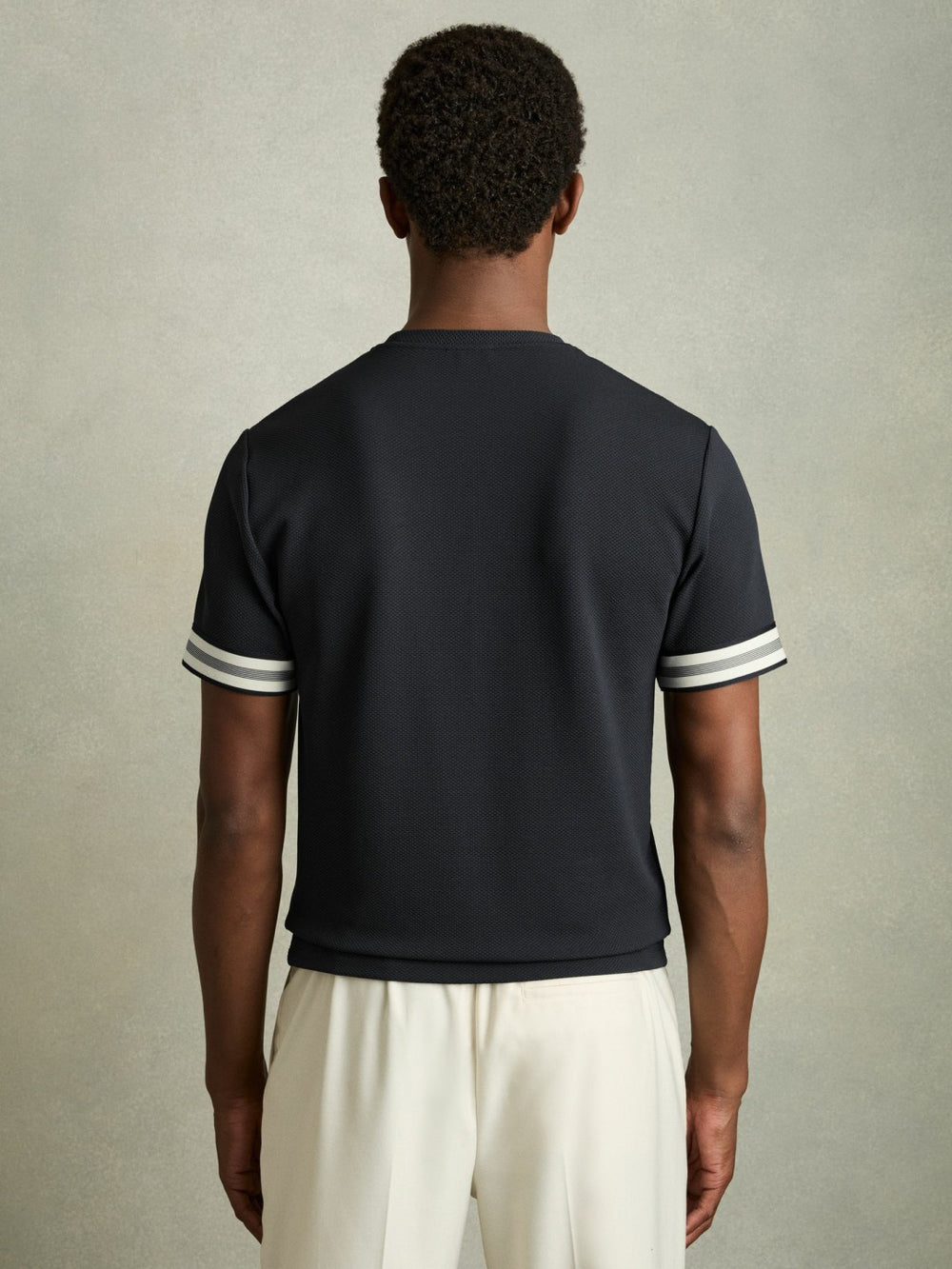 Tape-Cuff Textured T-Shirt in Navy