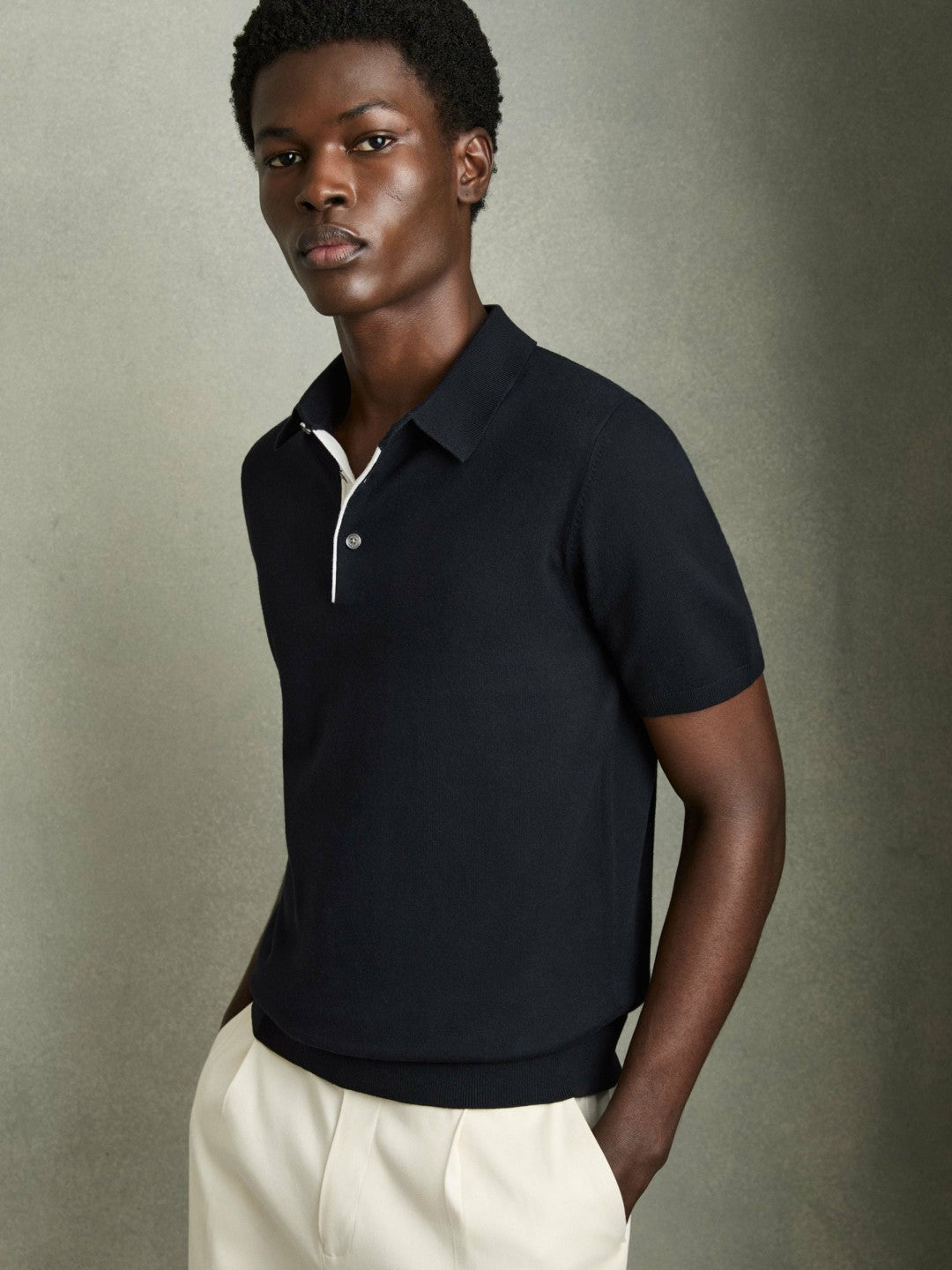 Contrast-Placket Polo Shirt With Cotton in Navy