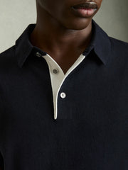 Contrast-Placket Polo Shirt With Cotton in Navy