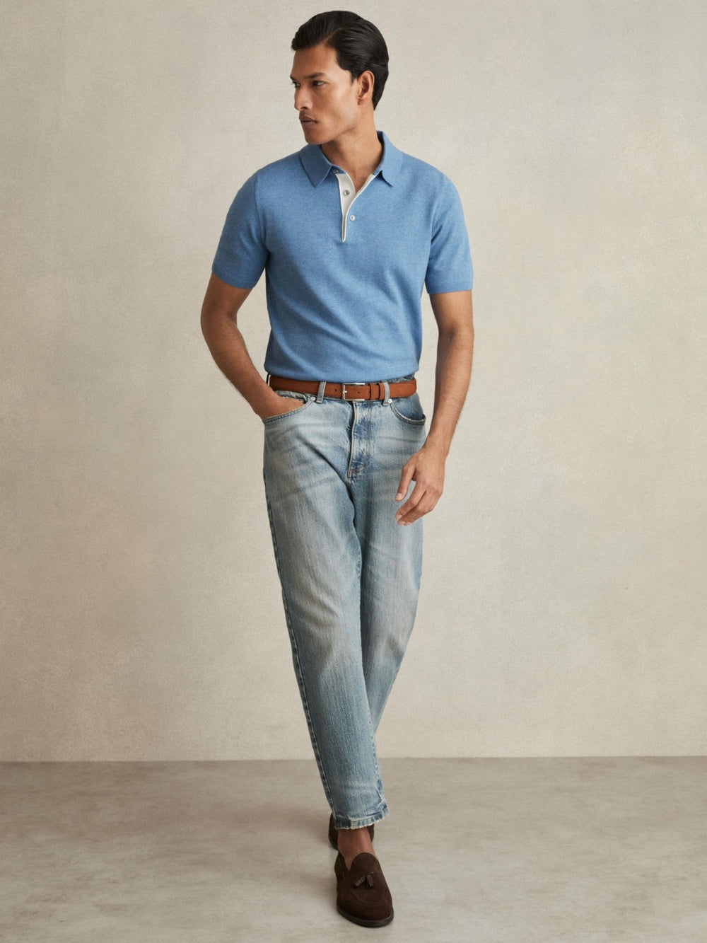 Contrast-Placket Polo Shirt With Cotton in Blue