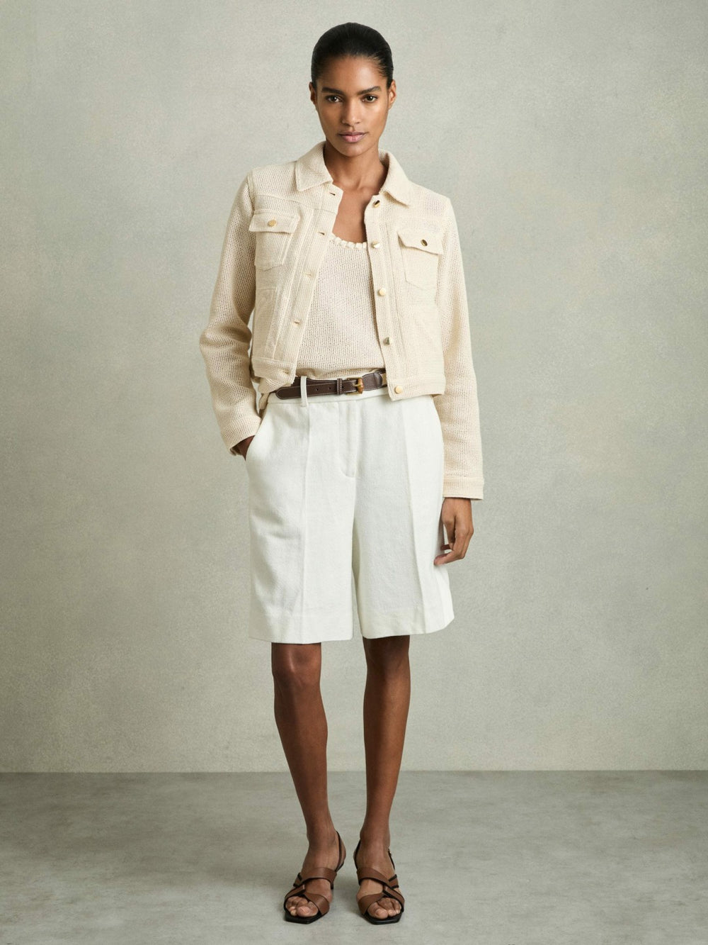 Cotton-Blend Textured Trucker Jacket in Neutral