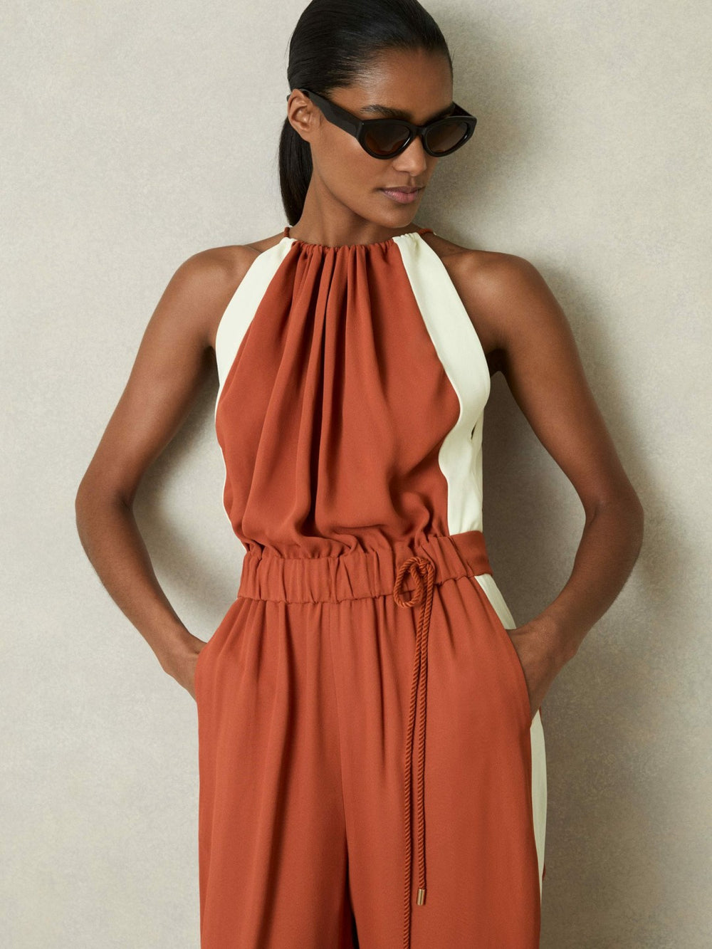 Colour-Block Rope-Cord Jumpsuit in Orange