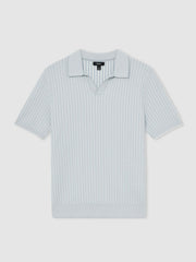 Open-Collar Textured Polo Shirt in Soft Blue/White