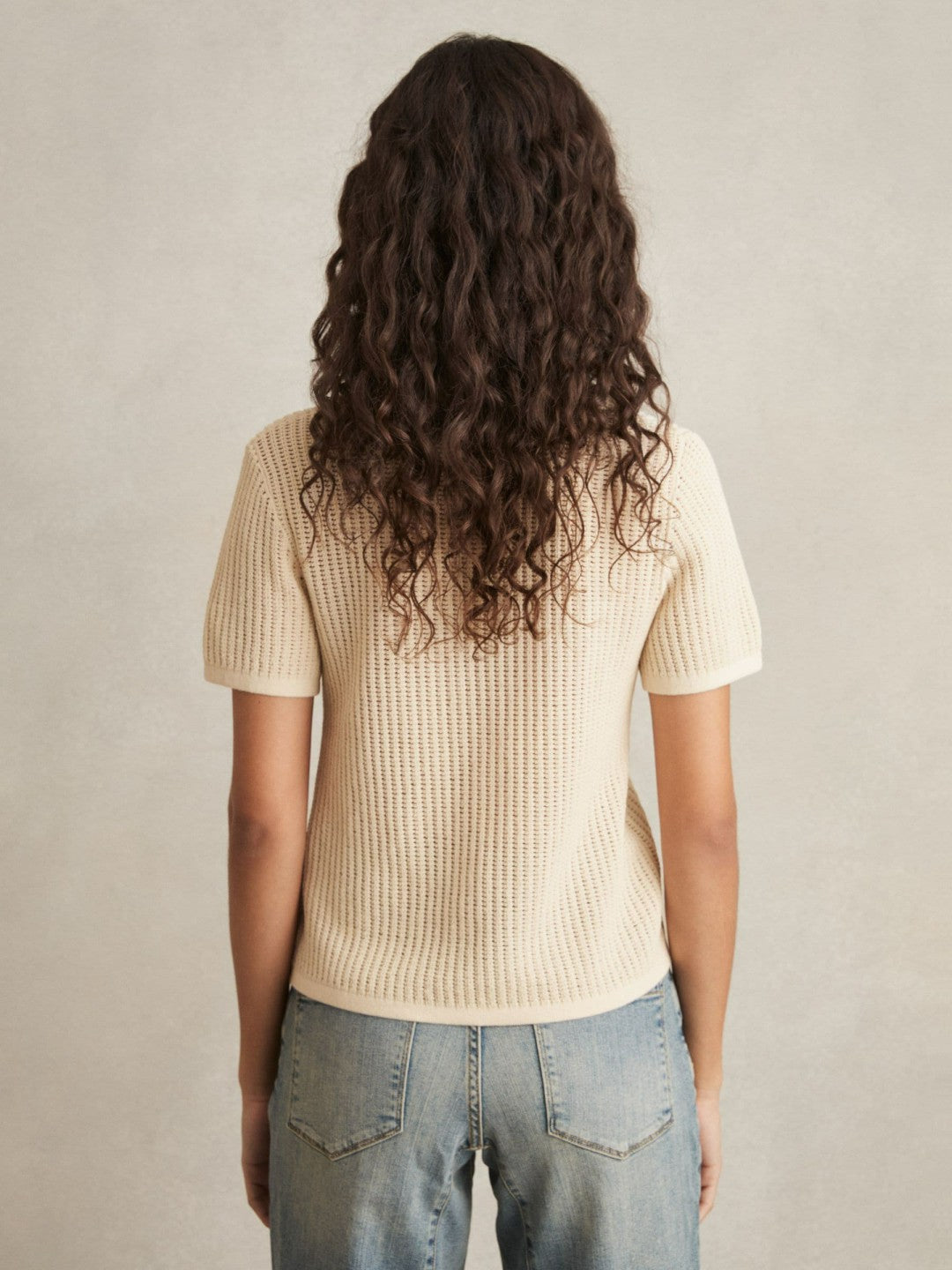 Cotton-Blend Open-Knit Polo Shirt in Ivory