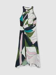 Geometric-Print Gathered Midi Dress in Green