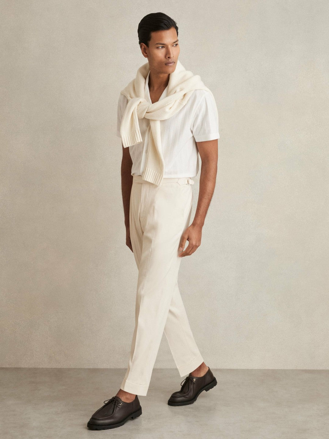 Cotton-Blend Tapered Trousers in Stone