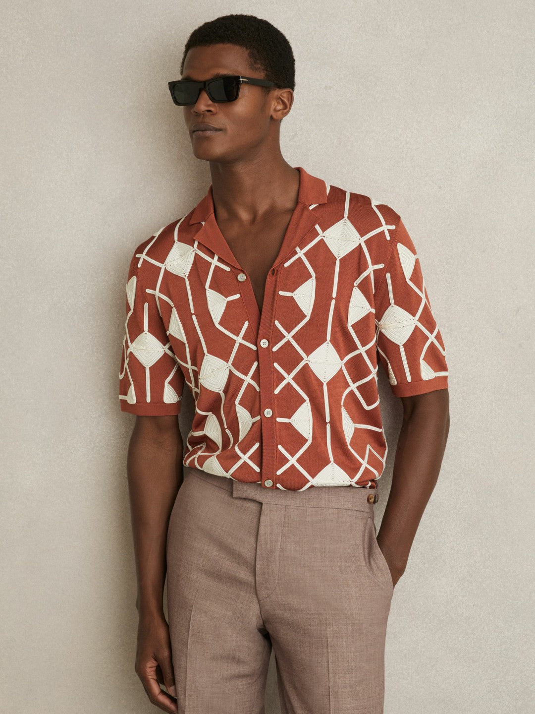 Geometric Embroidery Knit Shirt in Paprika Red