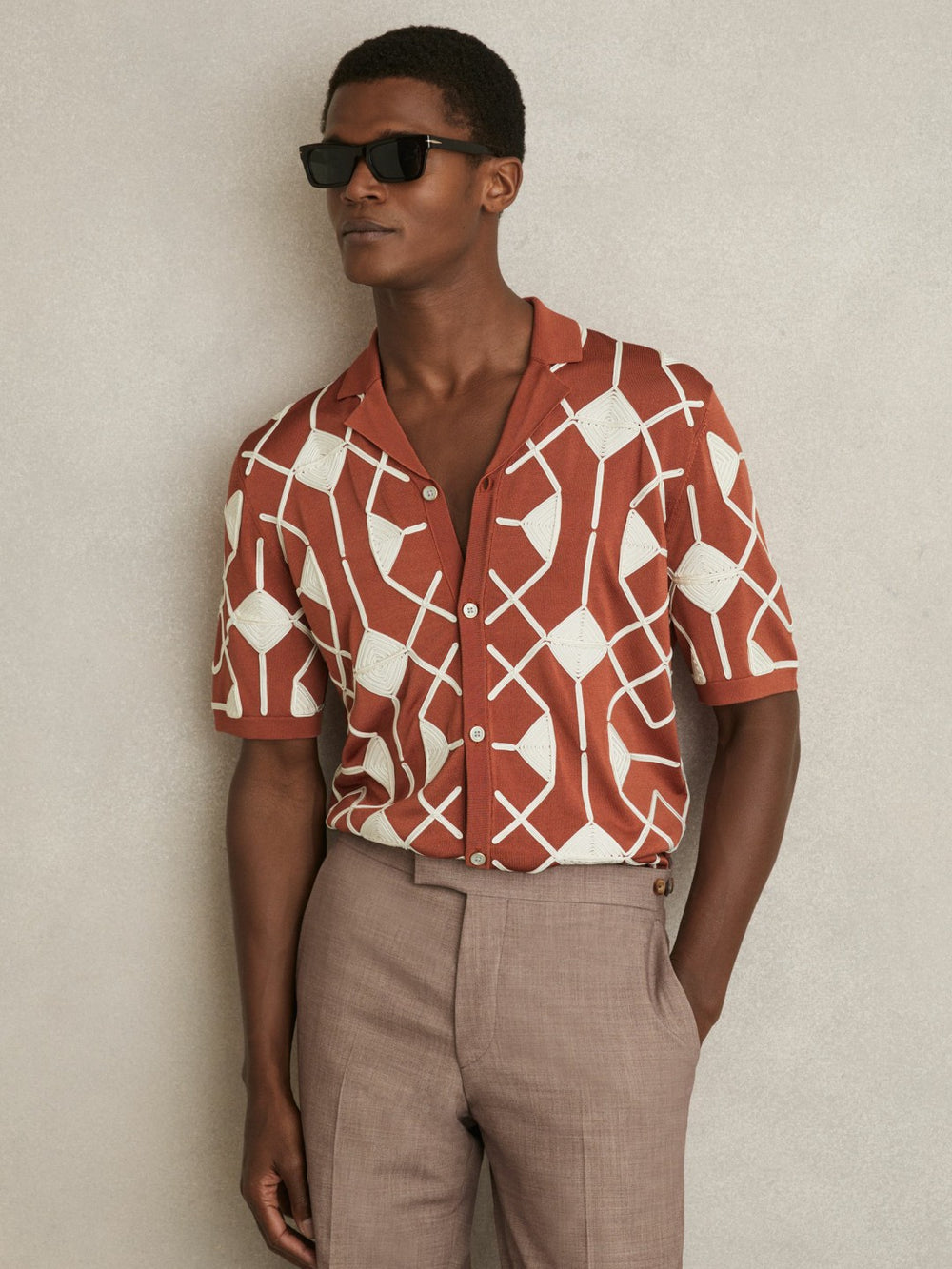 Geometric Embroidery Knit Shirt in Paprika Red