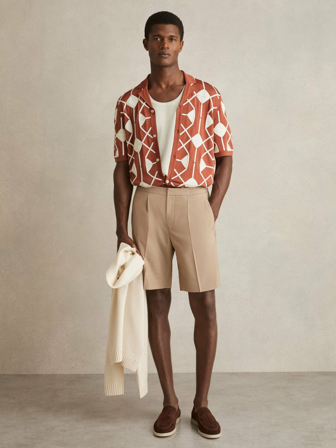 Geometric Embroidery Knit Shirt in Paprika Red