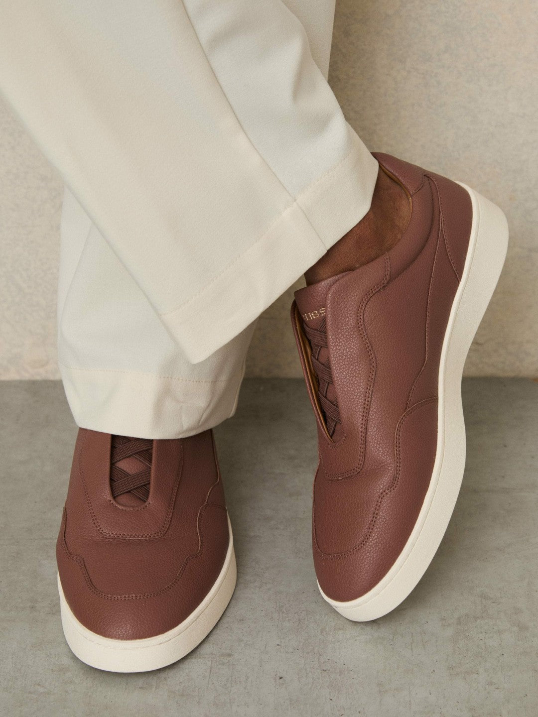 Leather Elasticated-Lace Trainers in Terracotta Brown