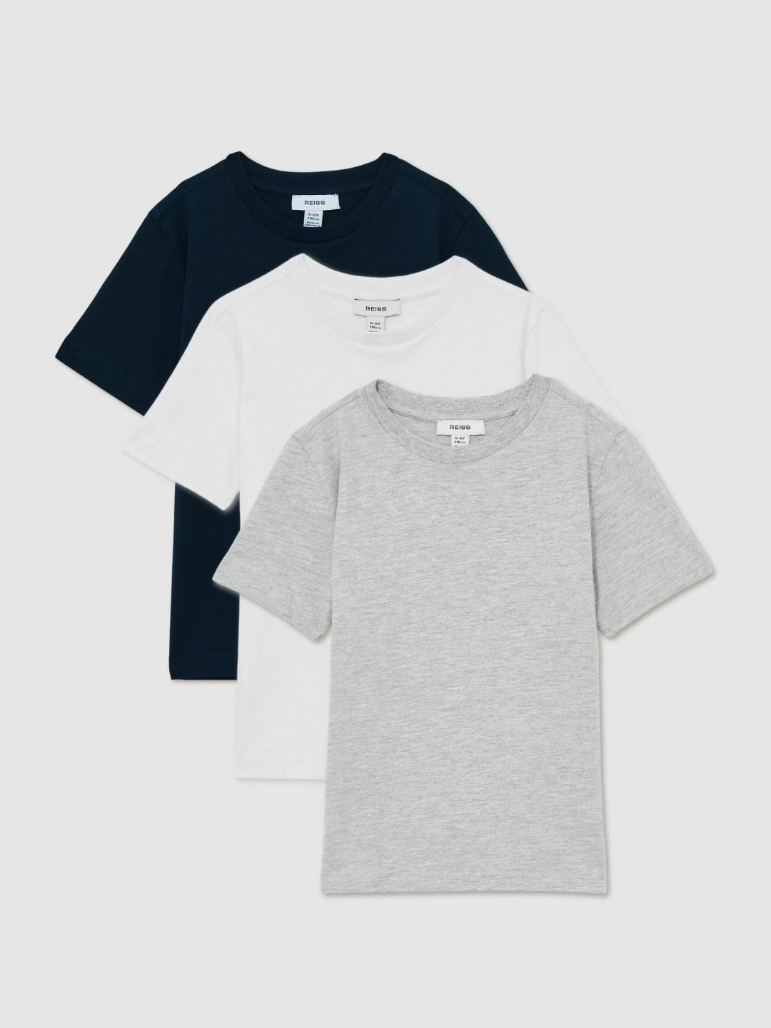3-9 yrs Cotton Crew-Neck T-Shirts 3 Pack in White/Navy/Soft Grey