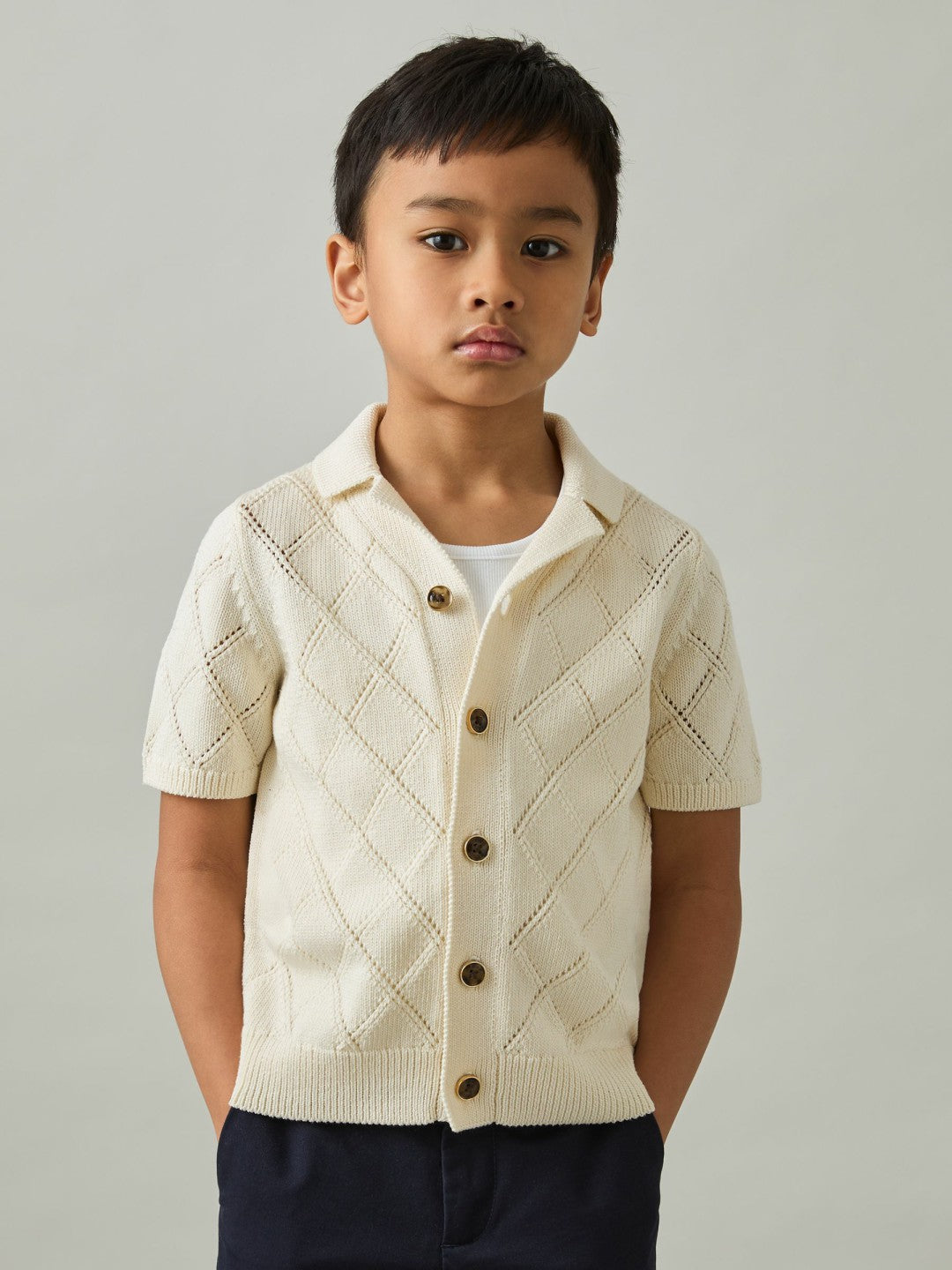 3-9 yrs Cotton Blend Diamond Knit Shirt in Off White