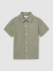 3-9 yrs Short Sleeve Linen Shirt in Thyme Green