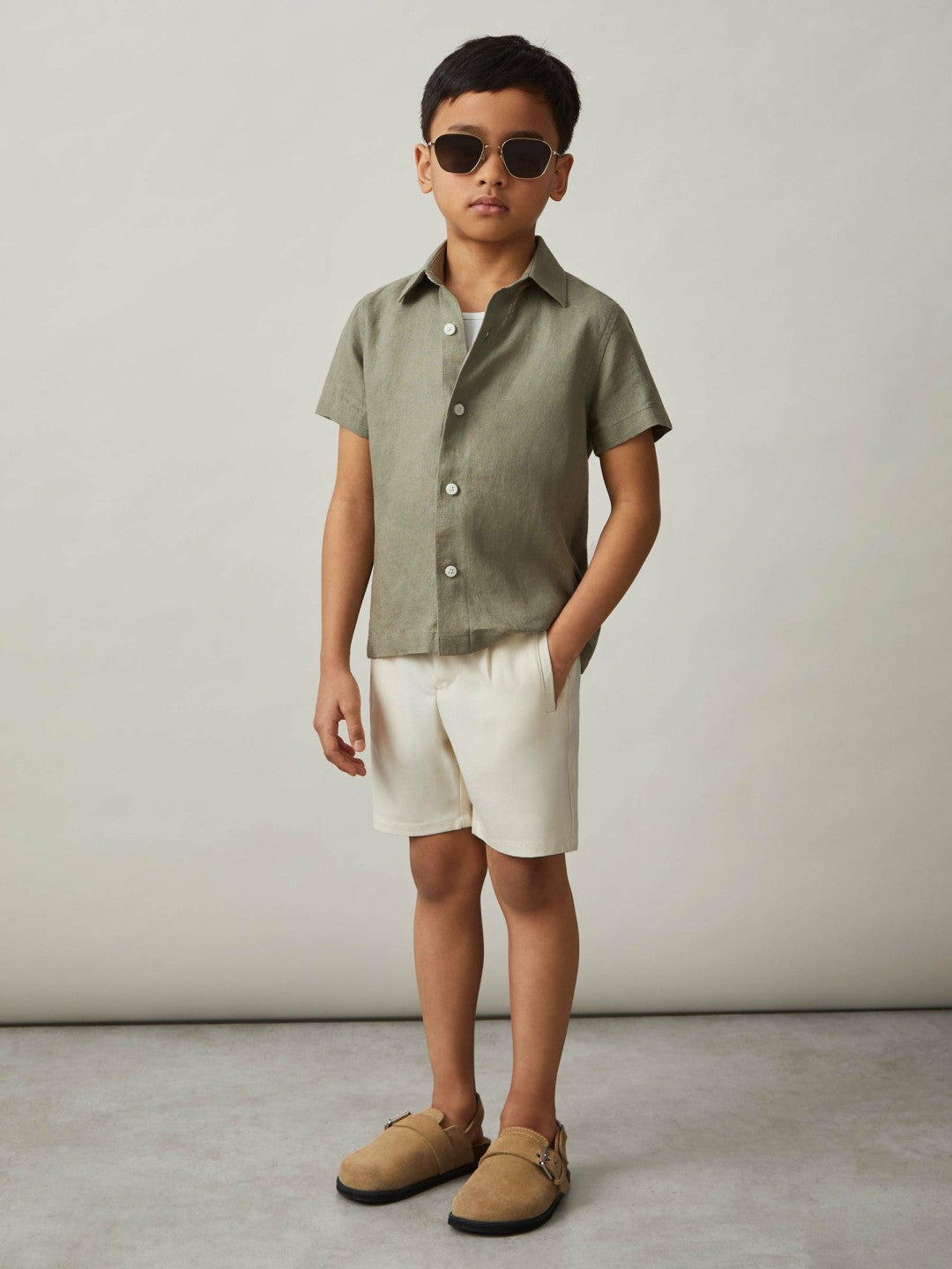 3-9 yrs Short Sleeve Linen Shirt in Thyme Green