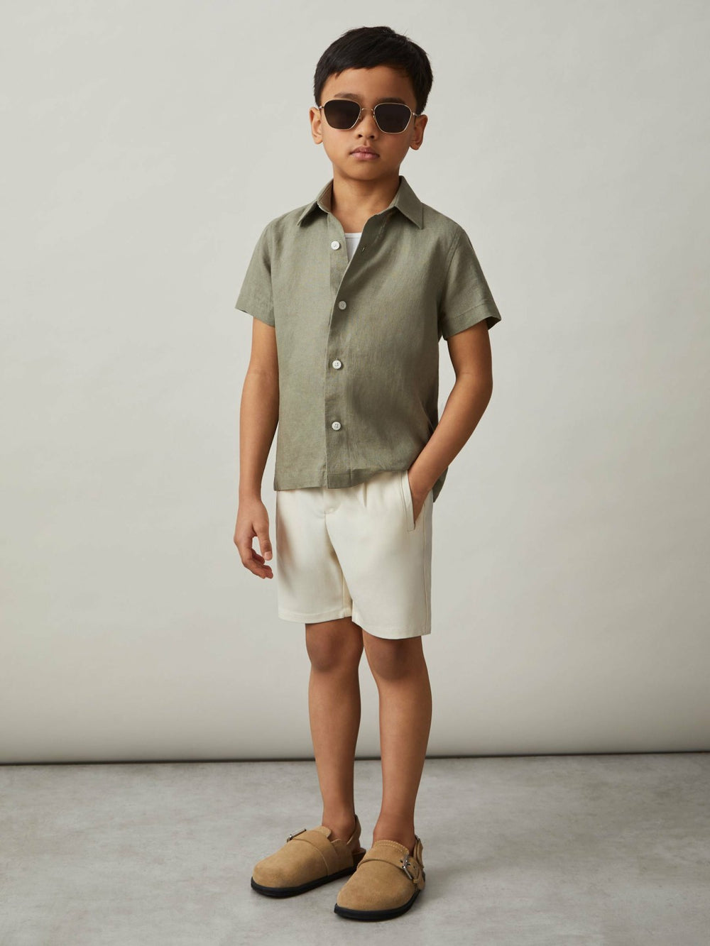 3-9 yrs Short Sleeve Linen Shirt in Thyme Green
