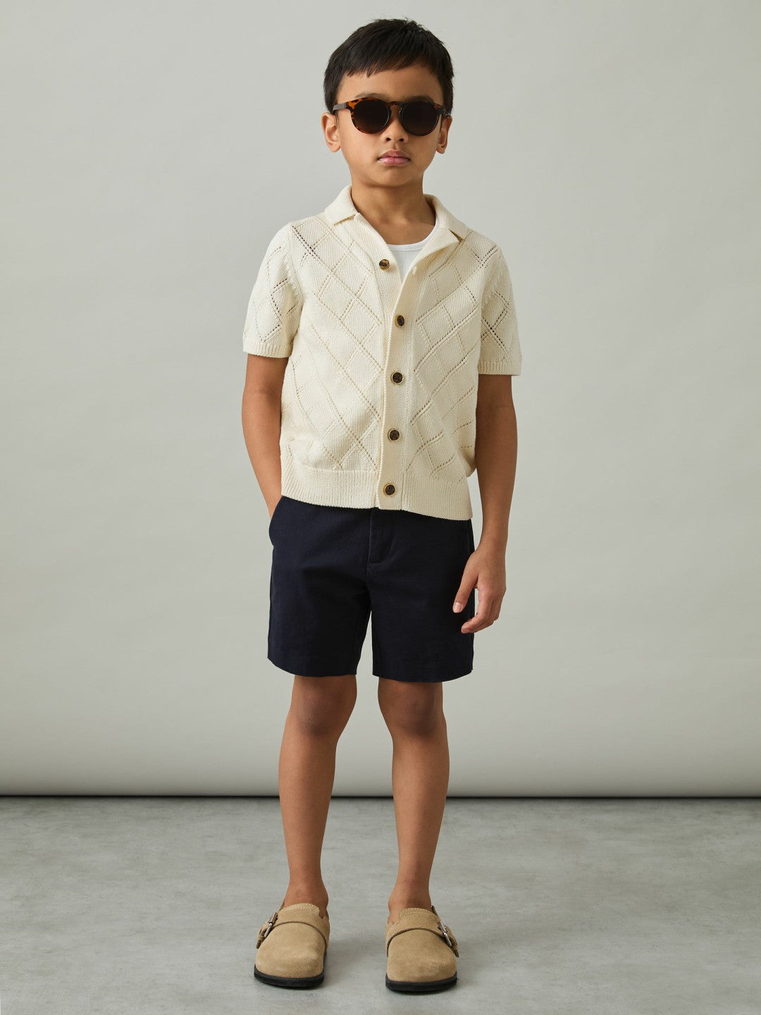 9-13 yrs Cotton Blend Diamond Knit Shirt in Off White