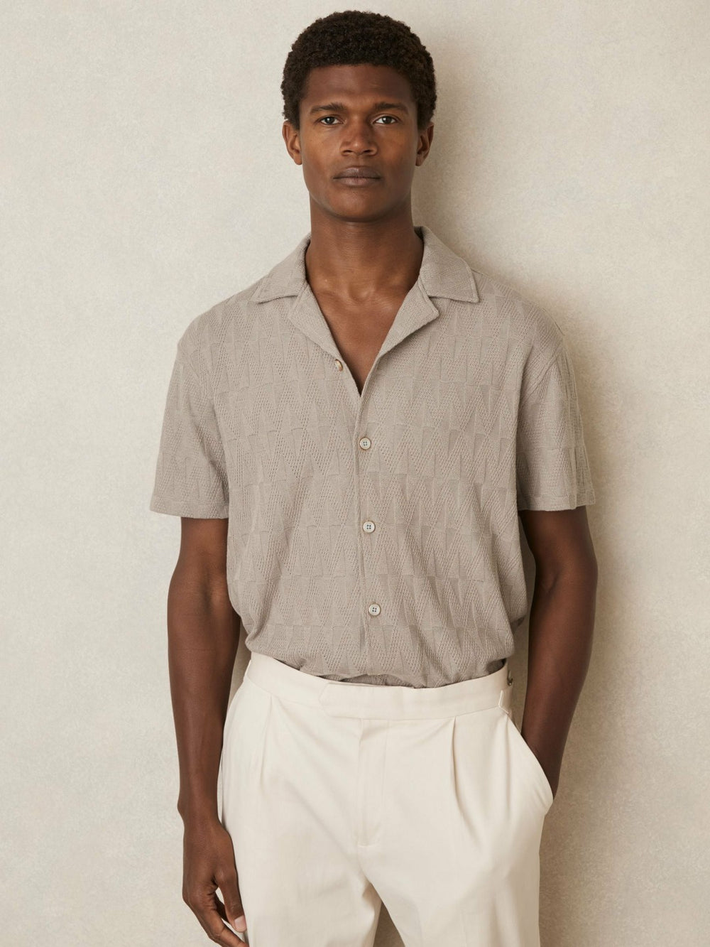 Cotton Textured Cuban-Collar Shirt in Mink Brown