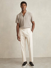 Cotton Textured Cuban-Collar Shirt in Mink Brown