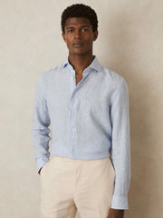 Linen Striped Long Sleeve Shirt in Soft Blue/White Fine Stripe