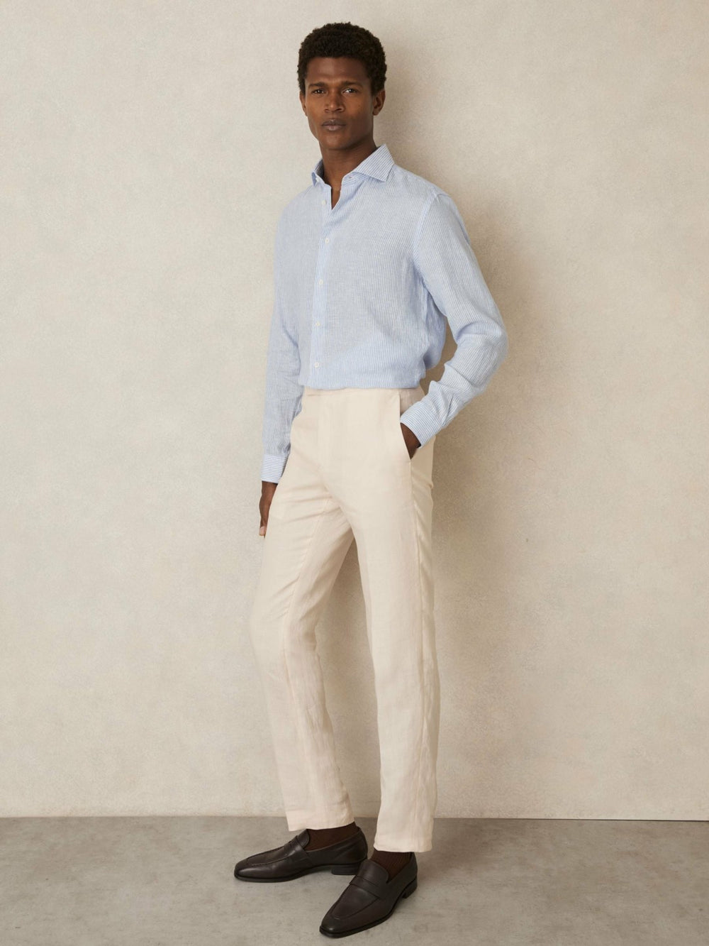 Linen Striped Long Sleeve Shirt in Soft Blue/White Fine Stripe