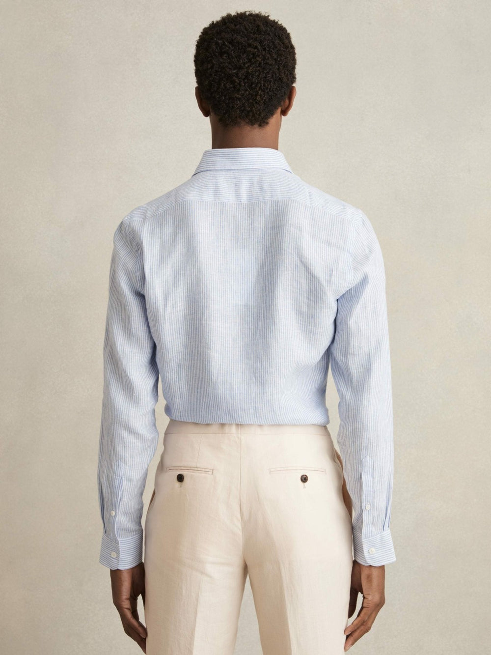 Linen Striped Long Sleeve Shirt in Soft Blue/White Fine Stripe
