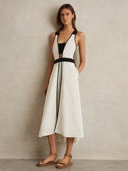 Contrast Trim Flared Midi Dress With Linen in Ivory/Black