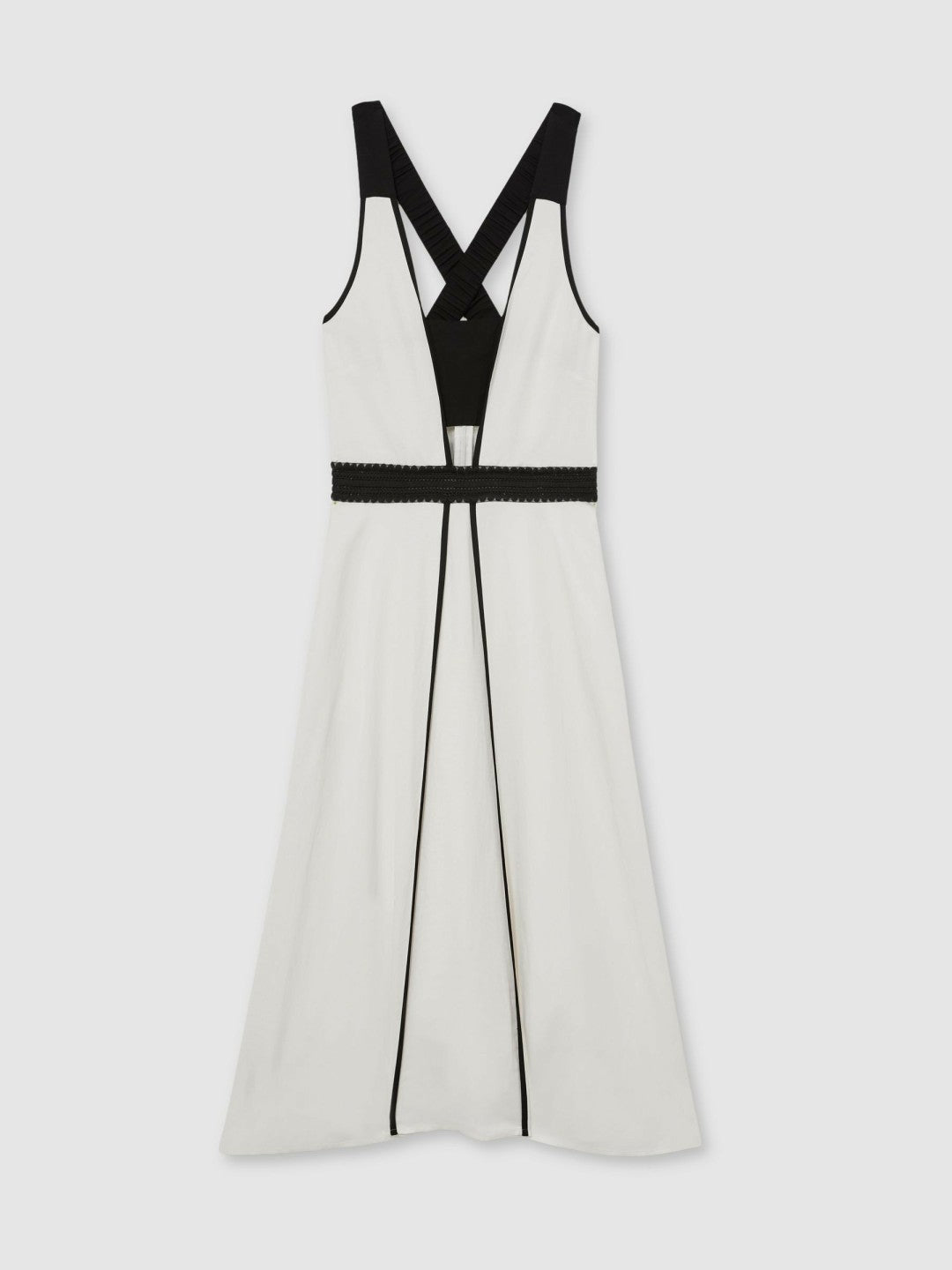 Contrast Trim Flared Midi Dress With Linen in Ivory/Black