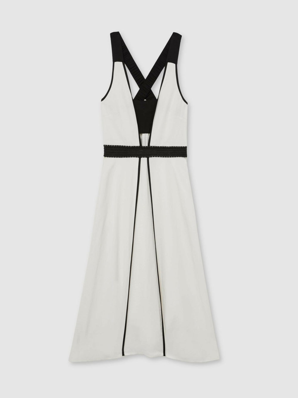 Contrast Trim Flared Midi Dress With Linen in Ivory/Black