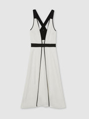 Contrast Trim Flared Midi Dress With Linen in Ivory/Black