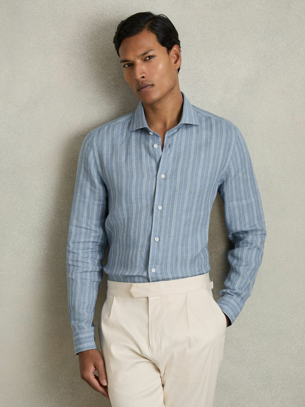 Linen Striped Long Sleeve Shirt in Airforce Blue/White Bengal Stripe
