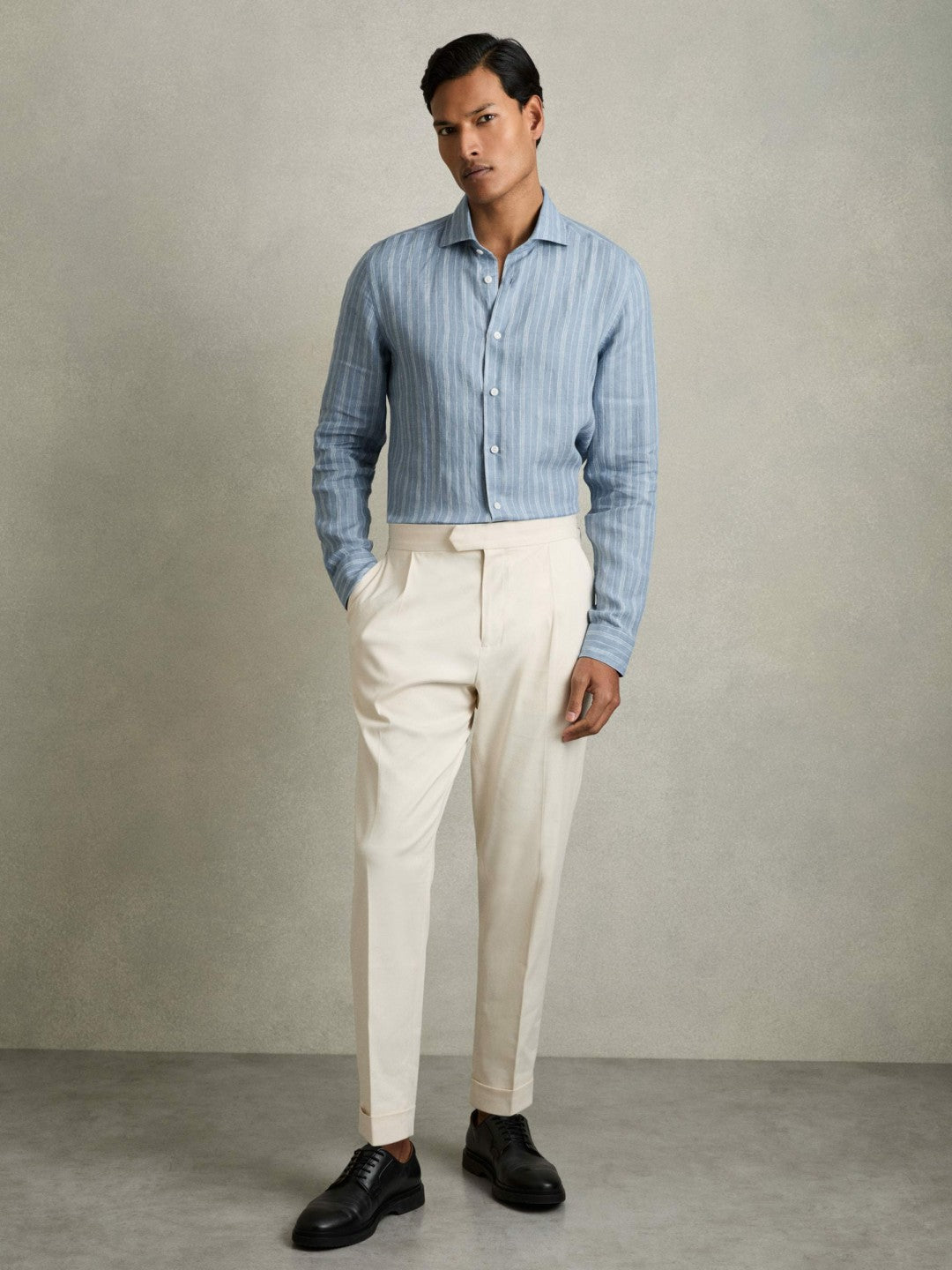 Linen Striped Long Sleeve Shirt in Airforce Blue/White Bengal Stripe