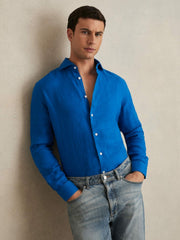 Linen Button-Through Shirt in Bright Blue