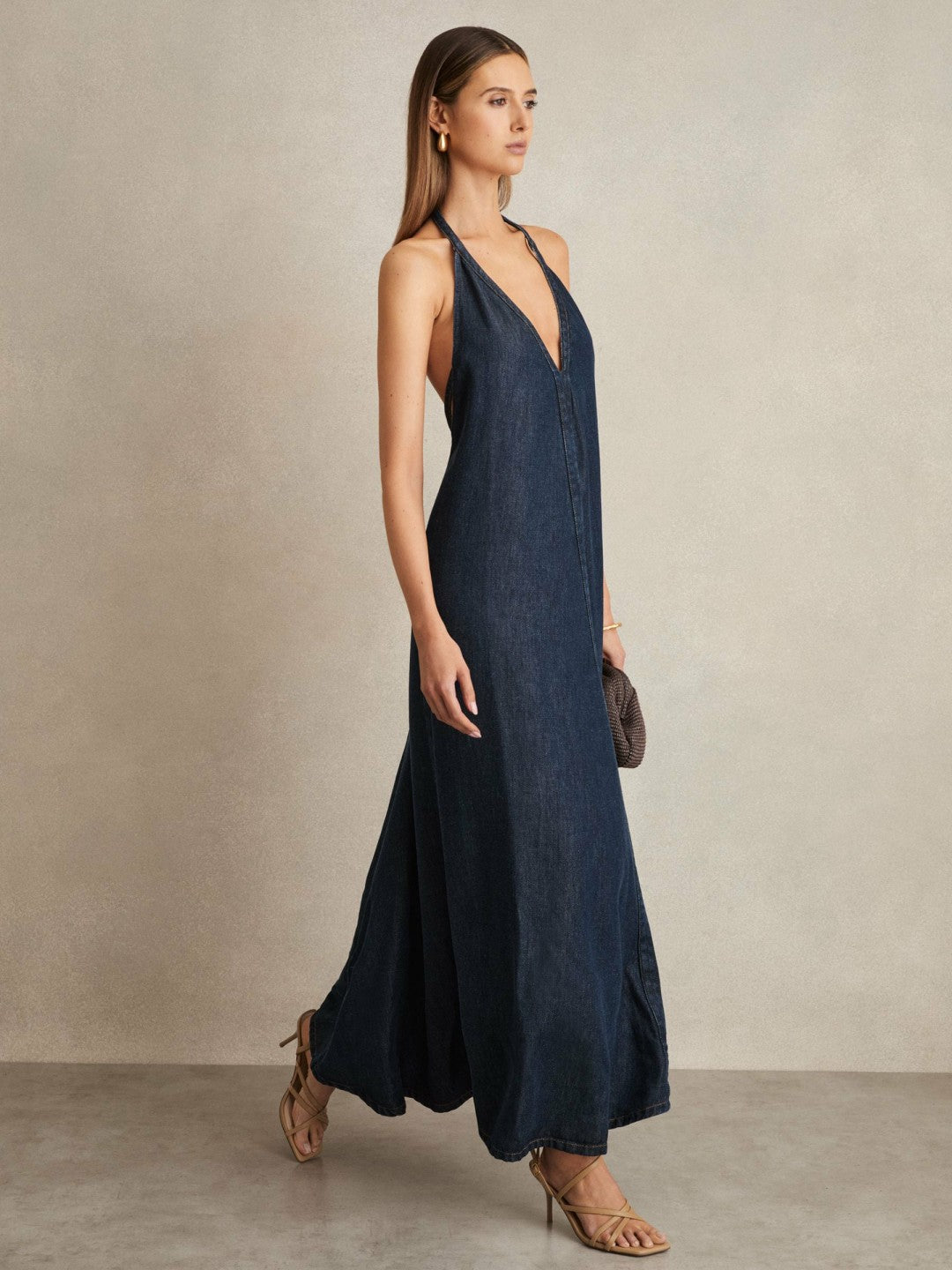 Denim Halterneck Maxi Dress in Indigo