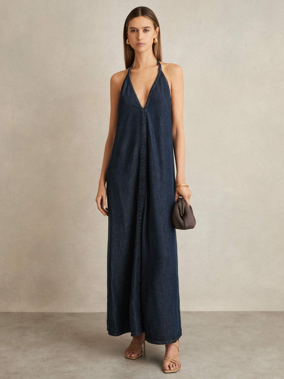 Denim Halterneck Maxi Dress in Indigo
