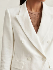 Linen-Blend Double-Breasted Suit Jacket in White