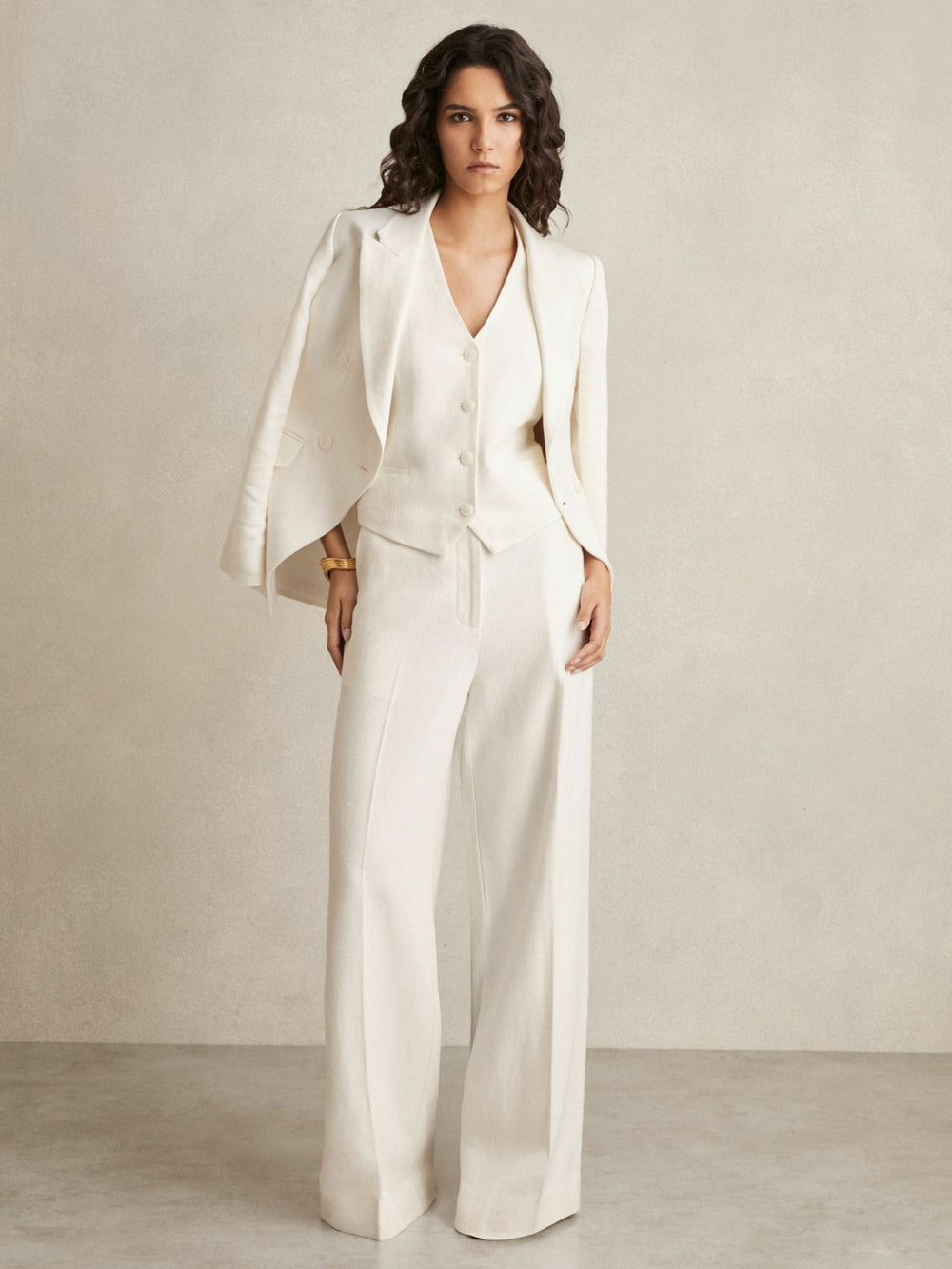 Linen-Blend Button-Through Waistcoat in White