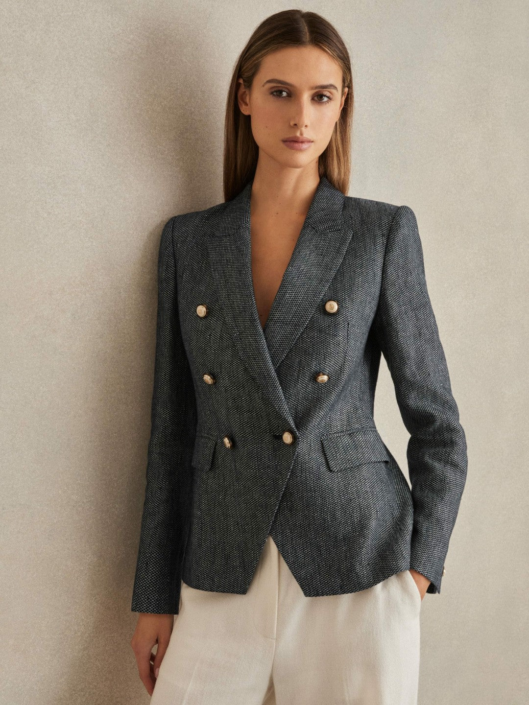 Linen-Cotton Double-Breasted Blazer in Navy